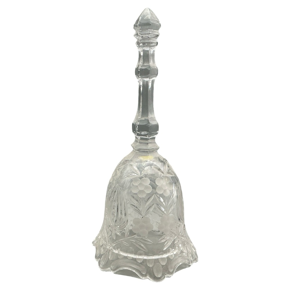 Vintage Crystal Glass Hand Bell Frosted Floral Etched Scalloped Edge 8.25 Inch